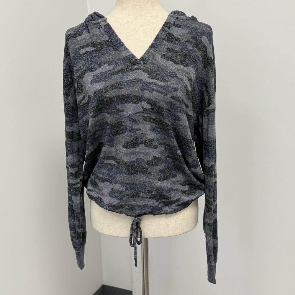 Women's Lucky Brand Cloud Camo Jersey Fleece Hoodie Shirt Drawstring Hem Large